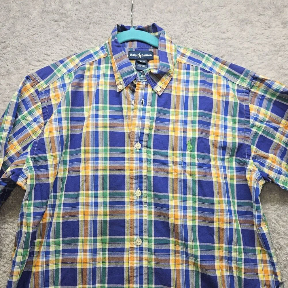 Ralph Lauren Boys Blue Orange Plaid Shirt Size 16/18 Button Down Longsleeve Prep